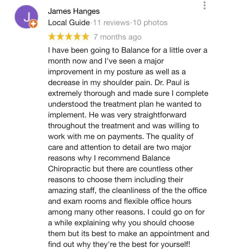 Balance Chiropractic and Wellness Center Patient Testimonial